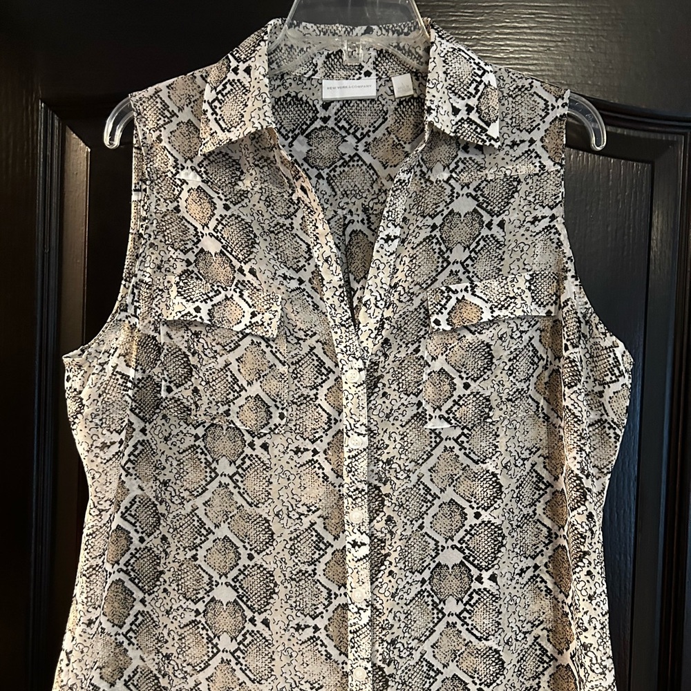 New York & Company Black and Cream Snake Print Button Down Shirt